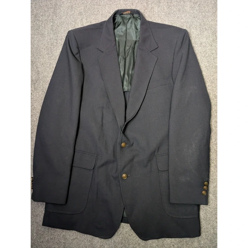 VTG Arnold Palmer Solid Navy Blue Brass Button Sports Coat Blazer Mens 46L Long